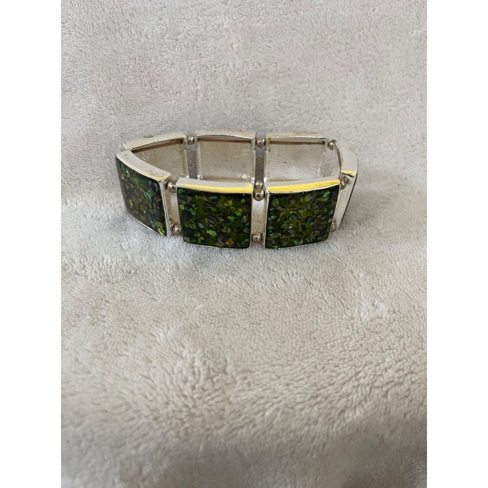 Green Mosaic Square Panel Stretch Bracelet Silver Tone Costume Jewelry